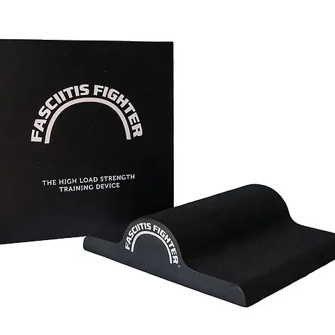 The Fasciitis Fighter, a black curved foot board, beside its box