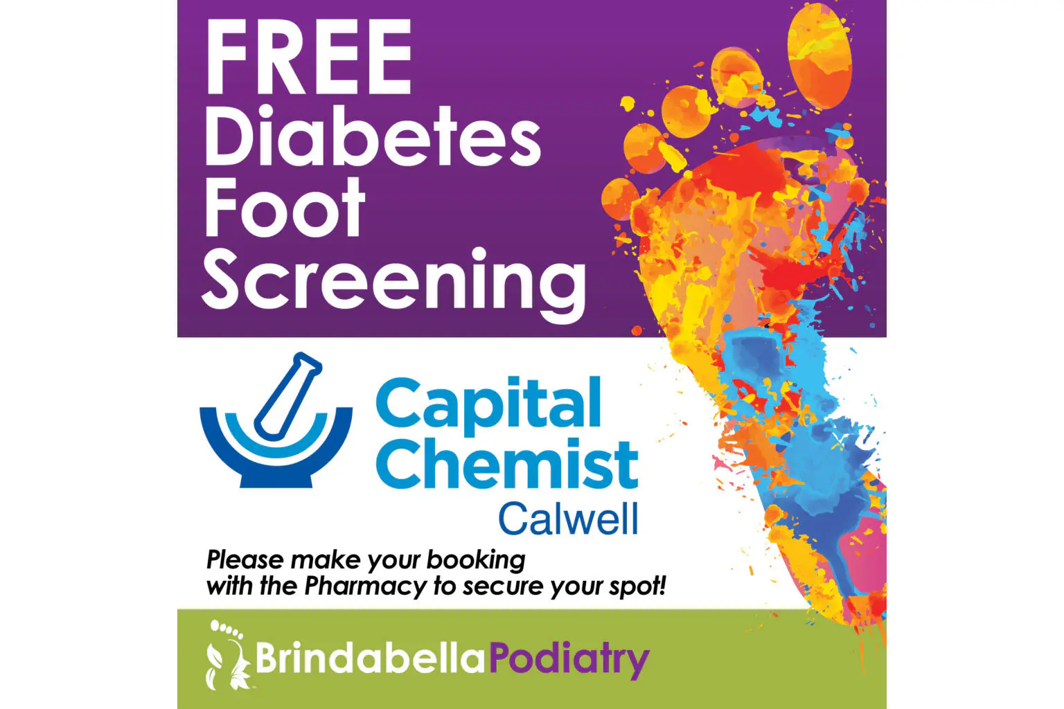 Flyer for free diabetes foot screening at Capital Chemist Calwell, with bookings through the pharmacy