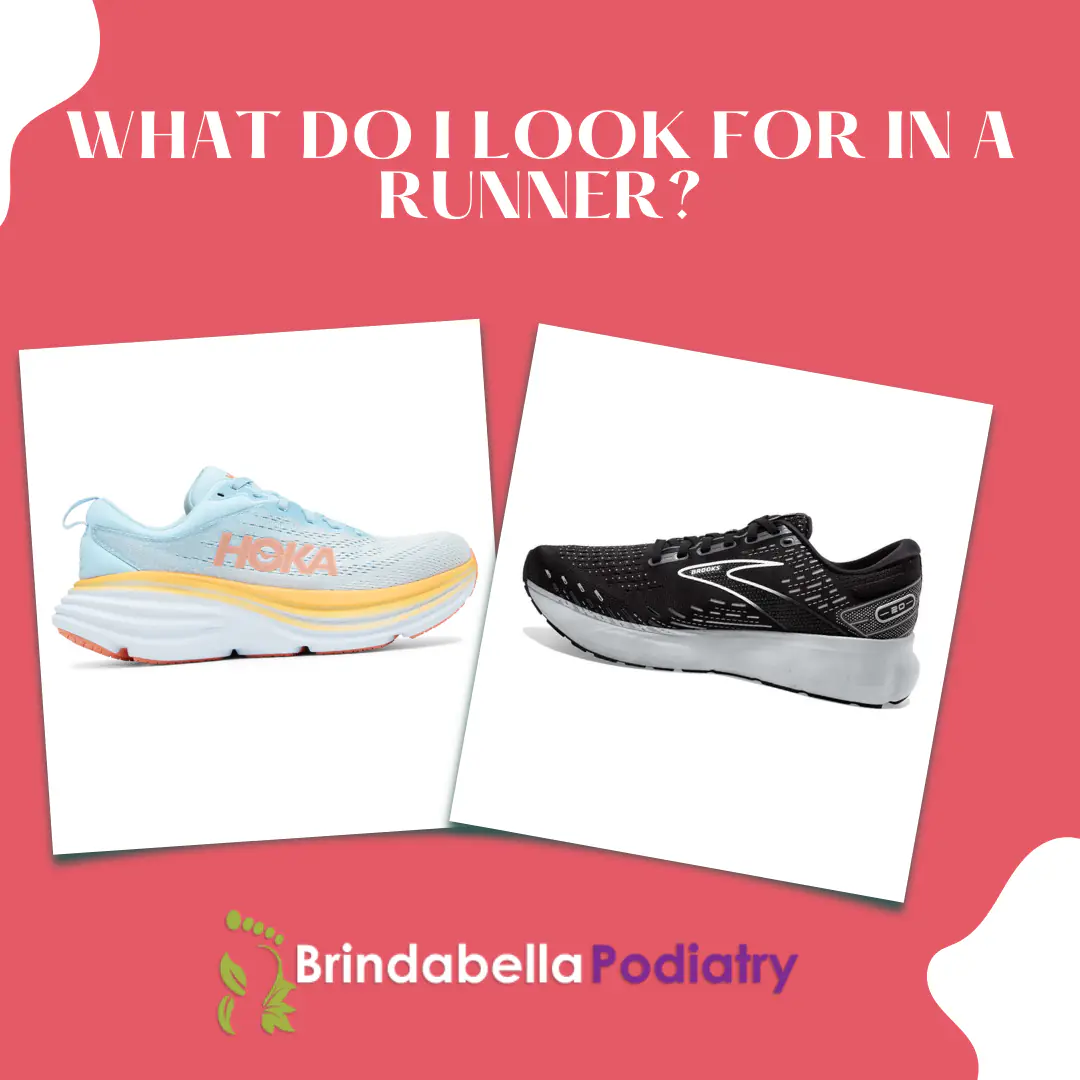 What do I look for in a runner? Photos of a light blue Hoka and a black running shoe