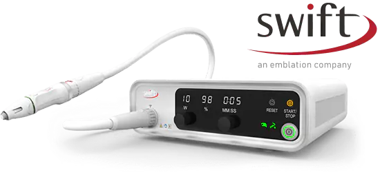 Swift treatment console and handpiece, with the Swift logo
