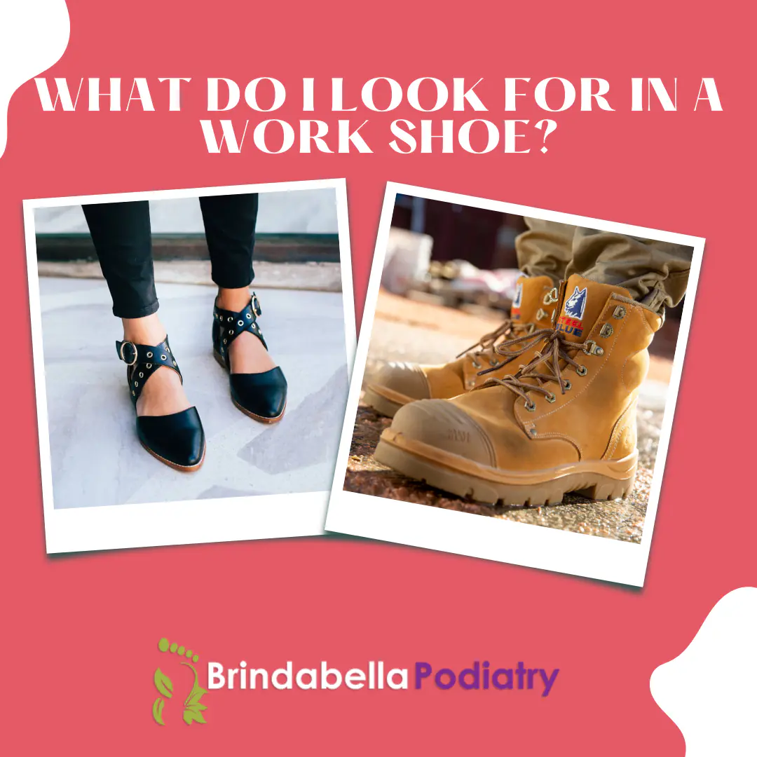 What do I look for in a work shoe? Photos of black strappy flats and tan lace-up work boots